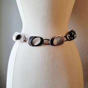 Chico's Med Silver Black Bronze Rhinestone Metal Leather Adjustable Slide Belt